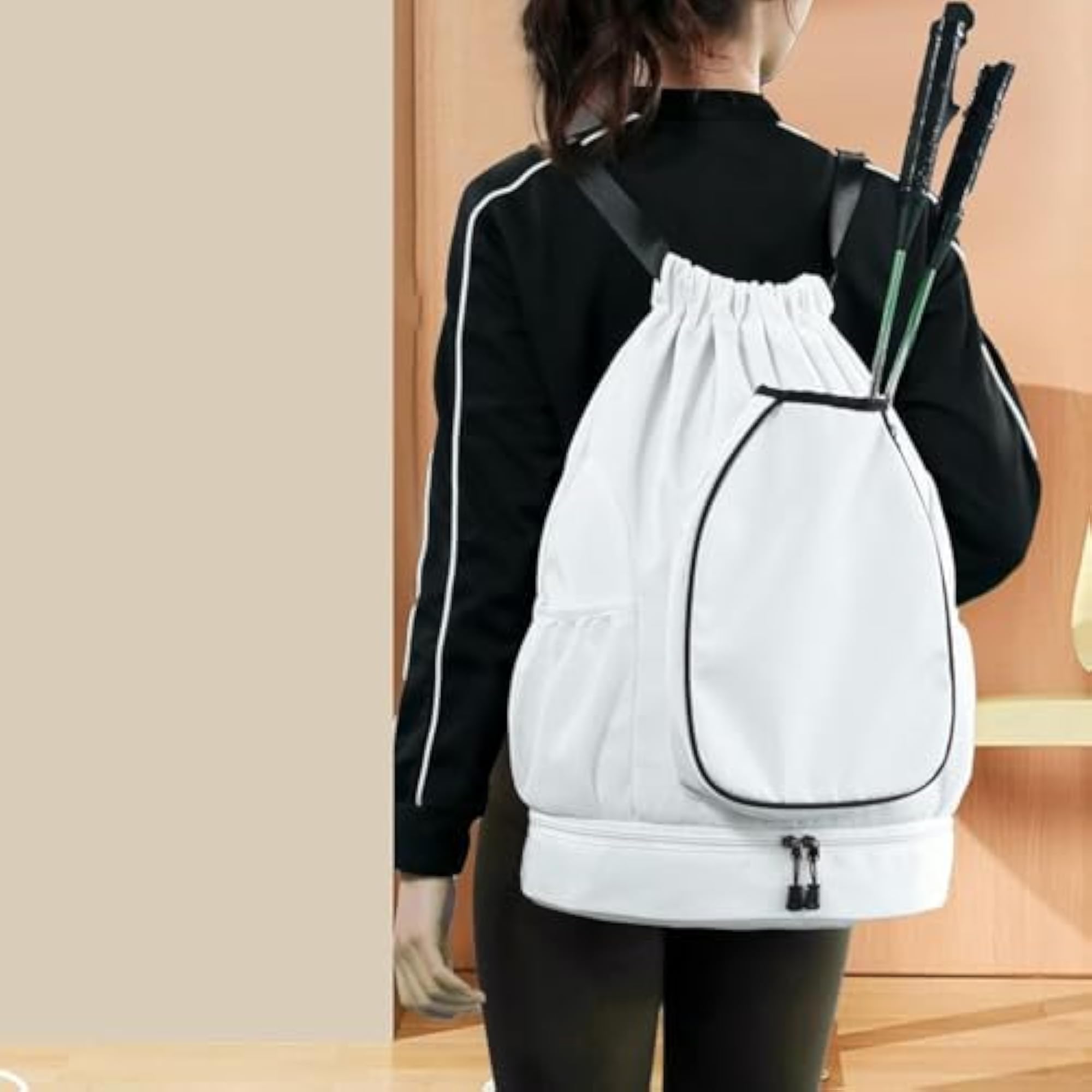 Portable Tennis Drawstring Backpack for Workout, Black