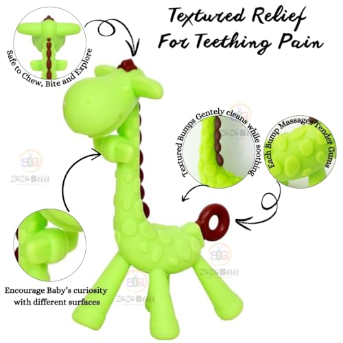 Image of Giraffe Soft Silicone Teether for Baby Gums, Teething Toys for Babies, BPA Free, Pain-Relief, Non-Toxic, 100% Food Grade, Soothing & Smooth Edges Easy to Grasp Chewable - Green (Pack of 1)