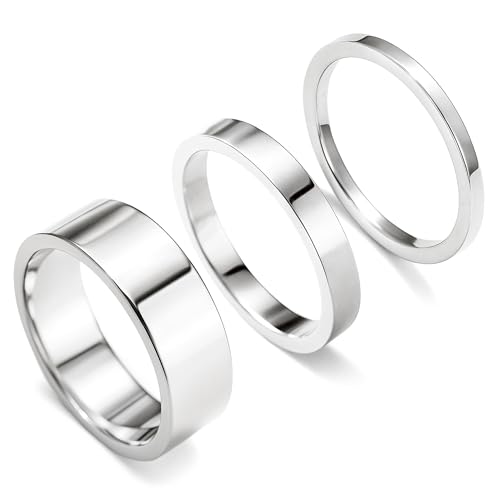Poxtex Silver Rings for Women, Stackable Stainless Steel Wedding Bands Set, Sterling Silver Trendy Knuckle Pinky Jewelry Gift Size 7