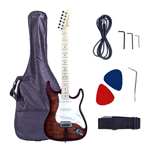 Grote Electric Guitar ST Style Full-Size Printed Pawlonia Solid Body Canadian Maple Neck Chrome Hardware with Gigbag Picks (Brown)
