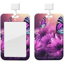 Sliding ID Badge Holder Hard Plastic Badge Holders Flowers and Purple Butterfly ID Card Holder Vertical Badge Reel with Clear Window Card Protector Cover Name Tag Holder for Office