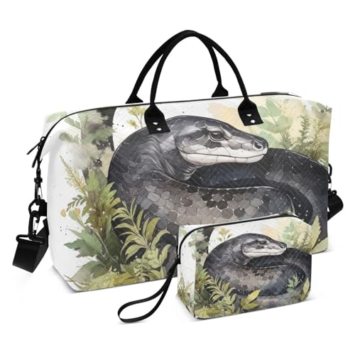 Large Travel Duffel Bag, Watercolor Black Snake Sports Tote Gym Bag, Shoulder Weekender Overnight Bag for Women Men, Carry On Luggage with Toiletry Bags