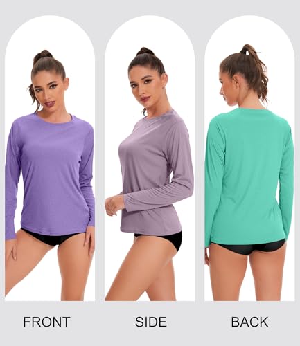 Kinglaman 6 Pack Women\'s Quick Dry Fit Long Sleeve Shirts, UPF 50+ Rash Guard Swim Fishing SPF UV Sun Protection Shirts 1 Black 1 Gray 1 Blue 1 Purple 1 Dark Pink 1 Green Large