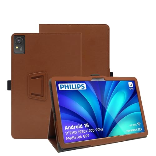 For philips t8015�P�[�X 11�C���` �^�u���b�g �P�[�X 360°�S�ʕی� ��܂�X�^���h�����p���� �y���z���_�[�t�� �㎿PU���U�[ �L�Y�h�~ �y�� �S�ʕی� (�u���E��)