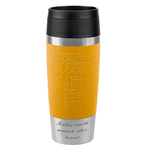Emsa Thermobecher Travel Mug Senfgelb 360 ml mit persönlicher Rund-Gravur gelasert Edelstahl Soft-Touch-Manschette | neuer...