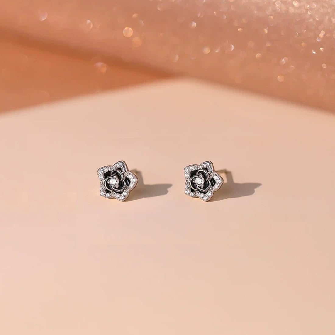Sterling Silver 8mm Small Vintage Black Camellia Flower with Cubic Zirconia Studs Earrings Flower Jewelry for Women - Image 5