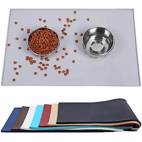 VIVAGLORY Dog Food Mat Grippymat Pet Feeding Mat, Waterproof & Silicone for Pet Cat, Food Tray Placemat with Lip & Raised Edges for Floor, L, Light Grey
