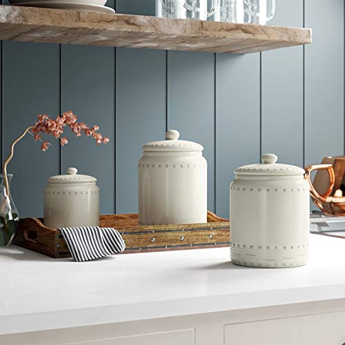 Kovot 3 Piece Ceramic Canister Set With Air-Sealed Lids & Bonus Decal Labeling Stickers - Ivory White With Antique-Style Finish #TOP3