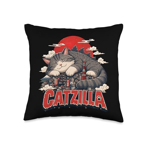 Catzilla Japanese Monster Cat Sleeping Tokyo Sunset Cat Love Throw Pillow