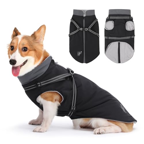 PETTOM Hundemantel Wasserdicht Mit Geschirr, Winter Warm Winterjacke, Fleece für Große Mittelgroße Hunde (Schwarz, 3XL)