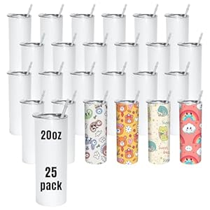 25 Pack Sublimation Tumblers 20 oz, White Sublimation Blanks Tumbler with Lid and Plastic Straw, Straight Sublimation Water Bottle Cups, Arc Edge