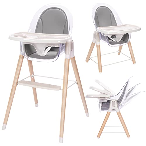 Image of 3-in-1 Convertible Baby High Chair with Removable Double Tray, Reclining Seat, Wooden High Chairs for Babies & Toddlers, Highchair, Toddler Chair & Rocking Chair, Easy to Clean