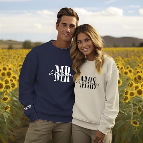 Personalized Mr. And Mrs. Last Name Sweatshirt Custom Last Name with Aniversary Date on Sleeve Matching Sweatshirts For Couples White4