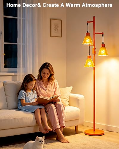 Image of Lightdot 67 inch Glass Floor Lamps for Living Room, 3-Light Dimmable Floor Lamp with Orange Glass Shade& Bulbs Included, Mid Century Standing Tall Lamp with 5Lbs Heavy Base for Bedroom /Sofa Beside