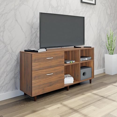Image of VIKI Modern TV Unit for Living Room | Engineered Wood TV Cabinet with 2 Drawer Storage & 2 Open Shelves, Set Top Box Stand, Entertainment Unit, 140W x 74H x 40D cm | DIY | 1 Year Warranty (Walnut)