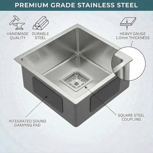 Image of ARQUIN Kitchen Sink 18x16x10 Inch Handmade Kitchen Sink Matt Finish Single Bowl 304 Grade Stainless Steel Kitchen Sinks | Basin For Kitchen With Square Drainer and Adjustable Fruit Basket