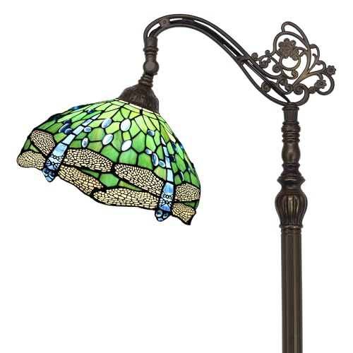 ZJART Tiffany Floor Lamp Stained Glass Lamp 18.88X12X67 Inch Angle Adjustable Arched Gooseneck Antique Reading Light (Green Dragonfly)
