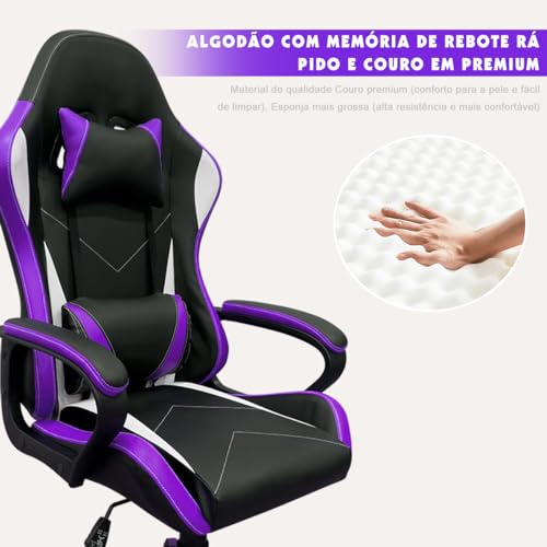 Cadeira de jogos com encosto alto, apoios de braços fixos em quatro pontos, altura ajustável (Roxo)