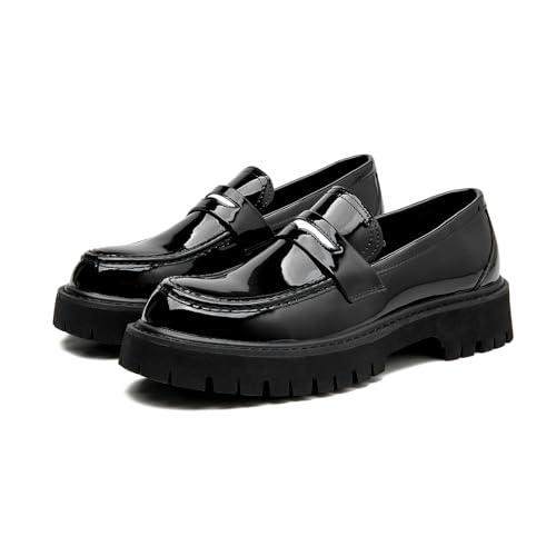Men's Leather Platform Penny Loafers Round Toe Slip-On Non-Slip Lug Sole Dress Shoes for Business Work Daily Wear