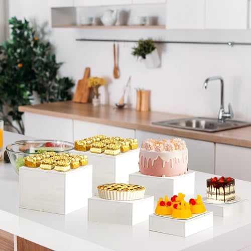 KisSealed 6-Pack Buffet Risers,Acrylic Display Stand for Display Dessert Figures Collectible Show,White Cube Display Nesting Riser with Hollow Bottoms for Weddings,Parties,Buffet,6"x7"x8"