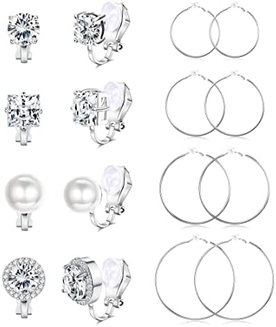 Kakonia 8 Pairs Clip On Earrings For Women Fashion Clip On Hoop Earrings CZ Pearl Clip Stud Earrings Silver Gold Women Clip On Earrings Set Non Pierced Fake Earrings