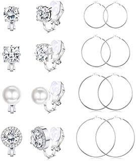 Kakonia 8 Pairs Clip On Earrings For Women Fashion Clip On Hoop Earrings CZ Pearl Clip Stud Earrings Silver Gold Women Clip On Earrings Set Non Pierced Fake Earrings