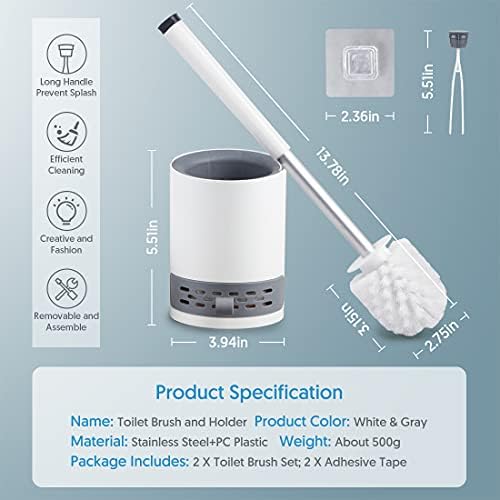 Toilet Brush and Holder Set 2 Pack with Hard Bristle Nylon & Stainless Steel Holder, White
