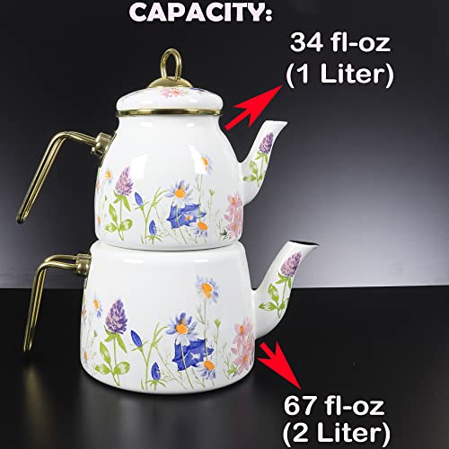 Vintage Turkish Teapot Tea Pots Kettle Set For Stove Top Stovetop Decorative Chinese For Cups Party Glass White Floral Strainer Tray Kitchen Adults Enamel Unique Women Double Stainless Style Metal #TOP5