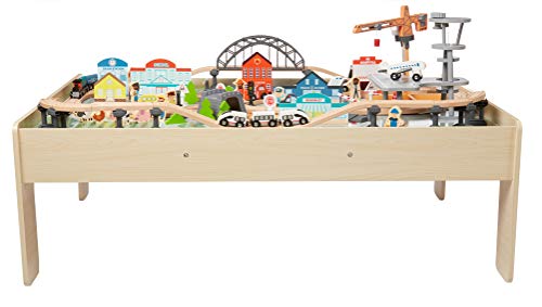 amazon basics 120 piece wooden train set with table sturdy tracks and storage bin multi-activity kids gift for age 3y 4862 x 1807 x 701 in