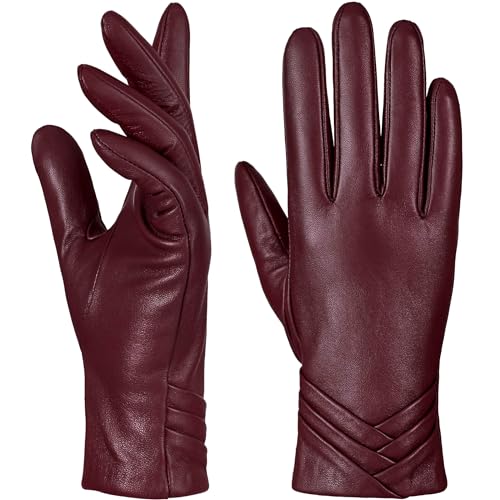 GSG SINCE 1998 Lederhandschuhe Damen aus chromfreiem Lammfell, Wollfutter,Thermo Handschuhe mit Touchscreen für Winter Burgund M