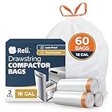Reli. 18 Gallon Trash Compactor Bags (60 Pack) | 2 Mil Heavy Duty | Compatible with Kitchenaid, Whirpool, GE 15 Inch Compactors | No Slip Drawstring Kitchen Trash Bags | Leak-Proof & Tear Resistant