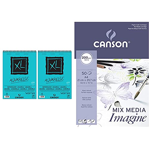 Canson XL Aquarelle Cuaderno de papel para dibujo, con espiral superior, 30 hojas, grano fino, 300 g, A4, color blanco – Lote de 2 + Bloc Encolado, A4, 50 Hojas, Imagine, Grano Fino 200g
