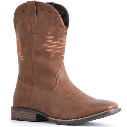 Image of IUV Cowboy Boots For Men Wide Western Boot Traditional American Flag Retro Square Toe Country Work Boots