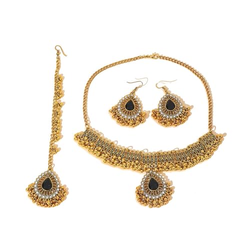 Ensemble De Bijoux Femme Collier Choker Pendre Boucles d'Oreilles Jhumka Maang Tikka Style Bohème Avec Cristaux Accessoire Pour Cheveux Mariage Cérémonie Bijoux De Mode Pour Femmes Élégant (Noir)