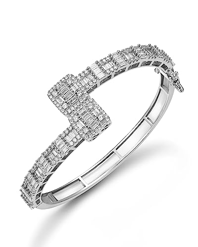 Lulu Mel Iced Out Baguette Diamond Bracelet Jewelry For Women, Hip Hop Mens 14K Gold Silver Plated Cubic Zirconia Bangle Bracelet, Girls Heart Cuff Bracelet With Jewelry Box (Silver, 8Inch) #TOP8