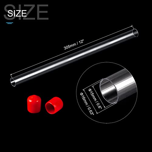 Image of PATIKIL Clear Rigid Tube Round Plastic Tubing with Red Rubber Caps Polycarbonate Water Pipe, 305mm / 12 Inch Length, 15mmx16mm /0.6 inchx0.63 inch, 1 Set