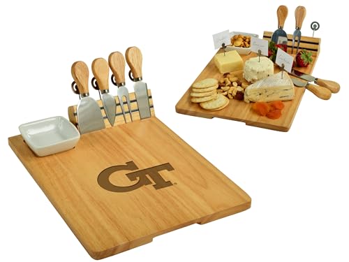 Picnic at Ascot NCAA Georgia Tech Officially Licensed Yellow Jackets Bamboo Cheese/Charcuterie Board with Ceramic Bowl, Knife Set & cheese Markers