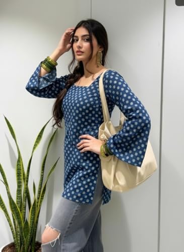 Image of ANNI Designer Women's Viscose Blend Printed Short Kurti | Straight Fit Casual Ethnic Top | Square Neck Full Sleeve Kurta Office College