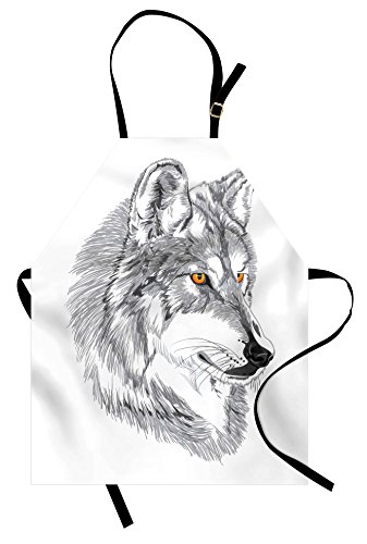 Lunarable Tattoo Apron, Handmade Sketch Portrait of Siberian Wolf Wild Animal Werewolf Husky