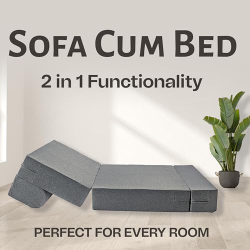 Image of Amazon Brand - Solimo 2 Seater Sofa Cum Bed 6x3 Feet with 2 Cushions, 3 in 1 Convertible Sofa Lounger, Portable Foldable Foam Mattress with Washable Cover for Living Room Bedroom - Grey