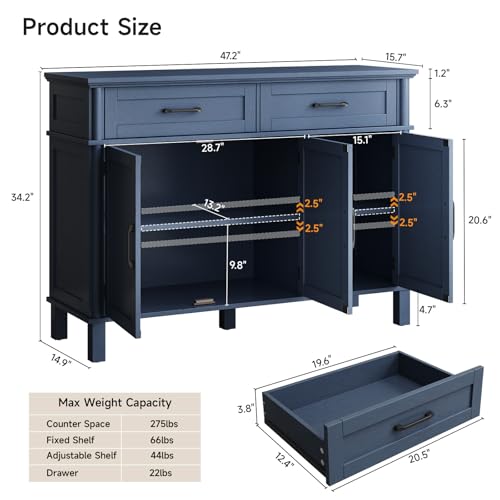 Image of ONBRILL 48 Inch Buffet Cabinet with Storage, Farmhouse Sideboard Buffet w /2 Drawers and 3 Doors, Wood Coffee Bar Cabinet with Adjustable Shelves, Sideboard Storage for Kitchen, Living Room, Blue