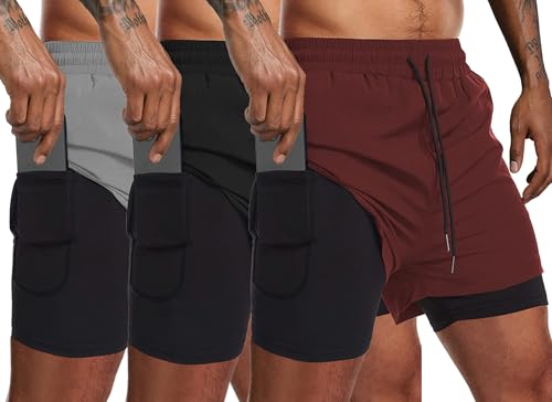 COOFANDY Men's 3 Pack Running Shorts 2 in 1 Workout Shorts Quick Dry Gym Training Athletic Jogger with Phone Pockets