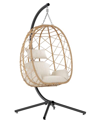 SWITTE Silla columpio de huevo con soporte, silla colgante para patio al aire libre con soporte, silla hamaca de mimbre interior con cojín para porche, jardín, dormitorio, patio, capacidad de 350