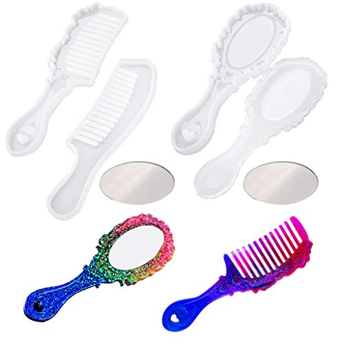 6 Pcs Comb Mold for Resin Set Include 4Pcs Resin Comb Mold and 2Pcs Craft Mirror for DIY Hair Comb Craft