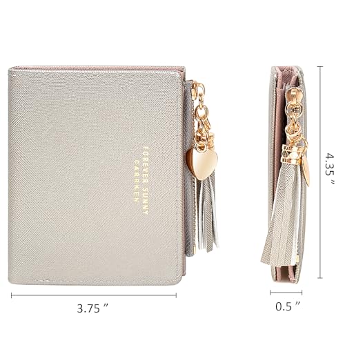 Image of KOTORA Womens Small Wallet Girls Tiny Slim Wallets Pretty Mini Card Holder Thin Short Zip Coin Purse with Love Pendant and Tassels (Silver)