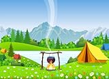 SADFA Cartoon Camping Backdrop 5x3ft Summer Camping Bonfire Campfire Party Camp Tent Theme Birthday Party Decoration Wild Nature Outdoors Hiking Climbing Sign Guitar Backpacks Background Photo Props