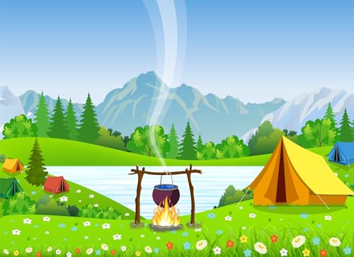 SADFA Cartoon Camping Backdrop 5x3ft Summer Camping Bonfire Campfire Party Camp Tent Theme Birthday Party Decoration Wild Nature Outdoors Hiking Climbing Sign Guitar Backpacks Background Photo Props