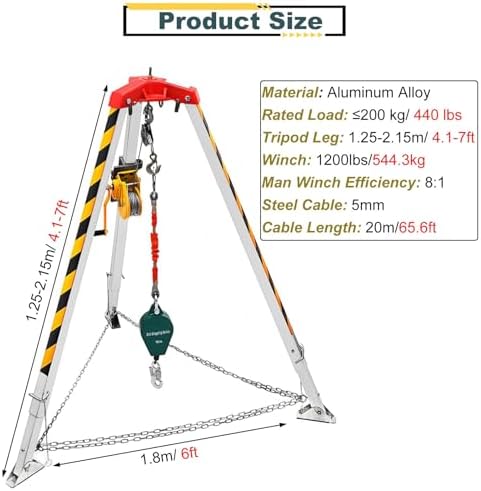 Heavy-Duty Rescue Tripod with Winch - Adjustable Fall Protection Stand for Sewer, Well & Pipeline Rescue, Emergency Safety, Locking Legs for Stability & Durability