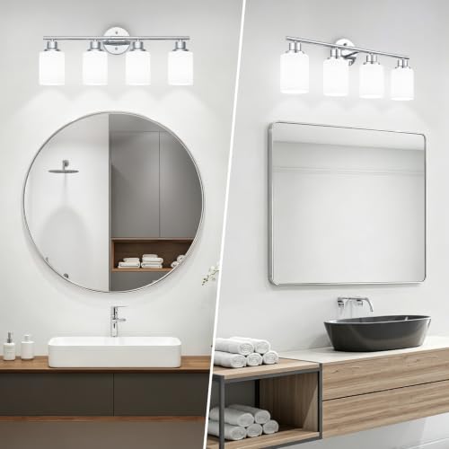 Image of 4-Light Chrome Vanity Lights for Mirror, Bathroom Light Fixtures with Textured Milky White Glass Shade, Modern Kitchen Light Fixtures Wall Sconce Light