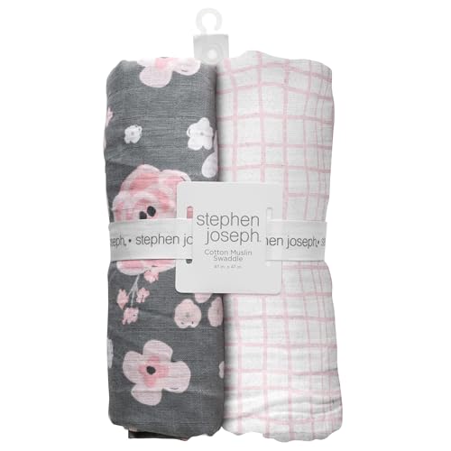 Image of Stephen Joseph Baby Swaddle Blanket, Unisex Swaddle Wrap Soft Muslin Swaddle Blankets, Receiving Blanket for Boys and Girls, 47 x 47 inches, Set of 2, Charcoal Flower